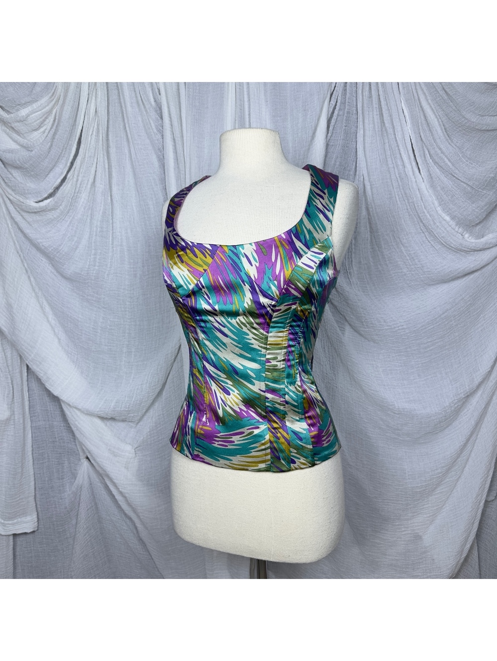Vintage Marciano Abstract Multicolor Satin Sleeveless Bustier Top